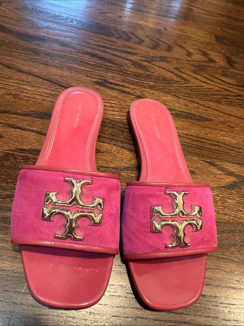 Tory Burch Hot Pink Suede Slide Sandals with Gold Logo